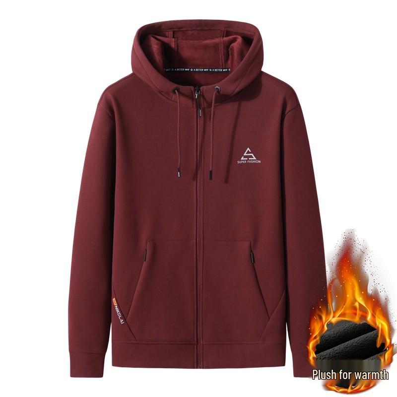 Men's Woodpecker Plus Red Knit Velvet Hoodie Jacket - Plus Size, Thin Fleece, Autumn/Winter Sports Cardigan