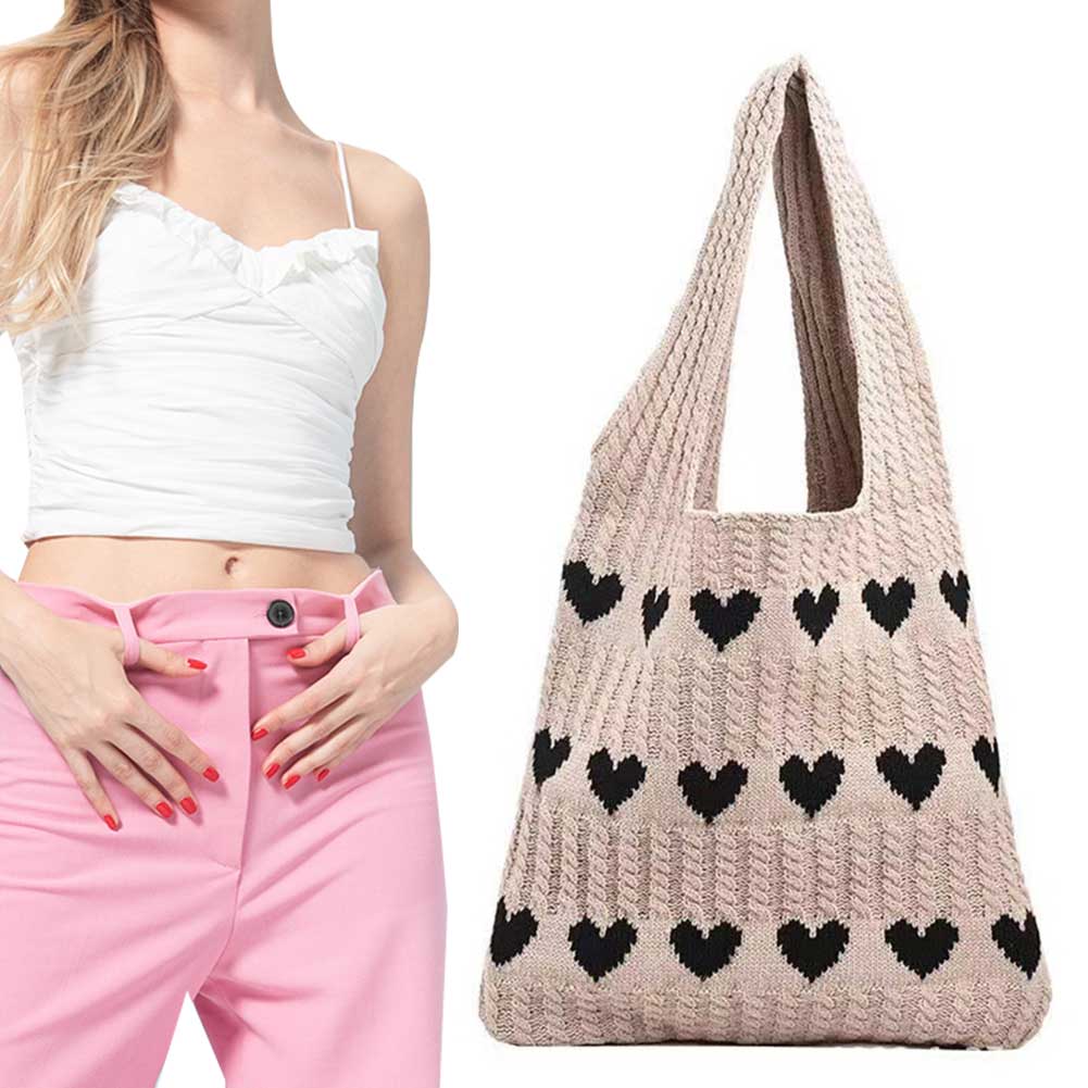 Women Knit Love Tote Bag Color Blocking Lightweight Handbag Large Capacity Shoulder Storage Bag Top Handle Bag Commuting Bag