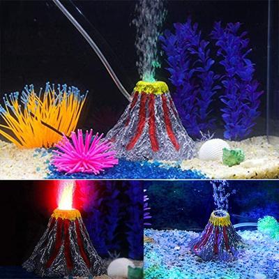 Aquarium Volcano Ornament Kit Mini Volcano with Air Stone Bubbler LED Spotlight Pump Miniature Resin Volcano for Fish Tank Decoration