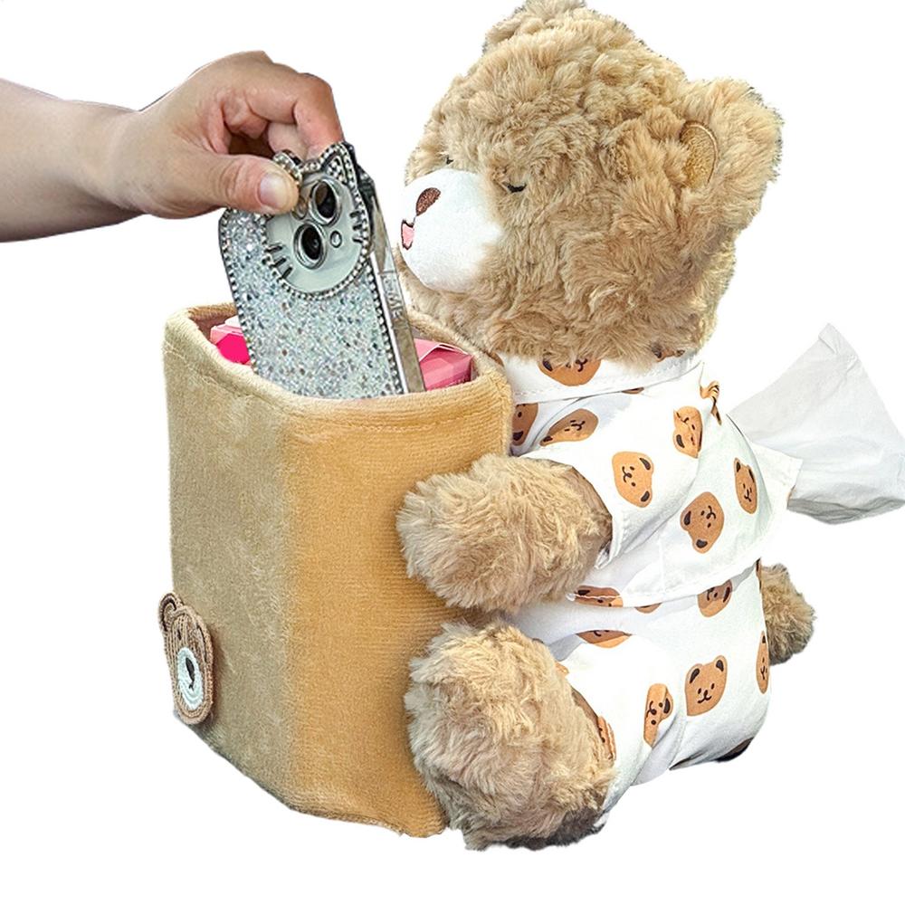 

Car Tissue Holder 2-in-1 Cute Plush Bear Multifunctional Waterproof Auto Organizer Truck Trash Can For Home Desk Table Bedside