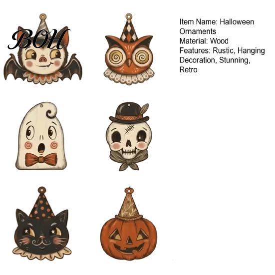 Decorative Tags for Gift Packaging 6 Pcs Vintage Halloween Wooden Ornaments, Rustic Farmhouse Cat Owl Pumpkin Lightweight Ornaments Branches