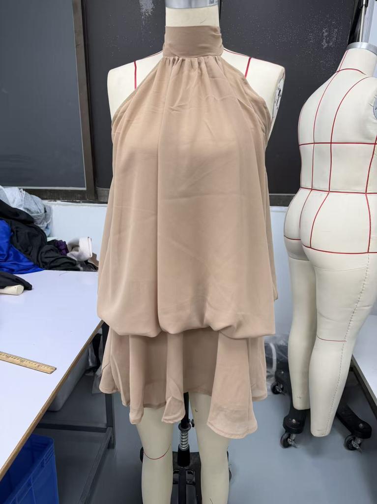 European and American new solid color holiday slim-fitting sexy backless neck waist top fluffy short skirt dress women
