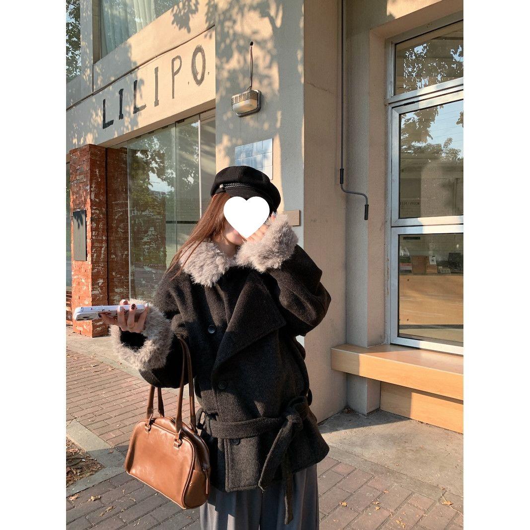 

Retro Brown Fur Collar Wool Coat - Women s Winter Waist-Cinched Style 2X Large чёрный