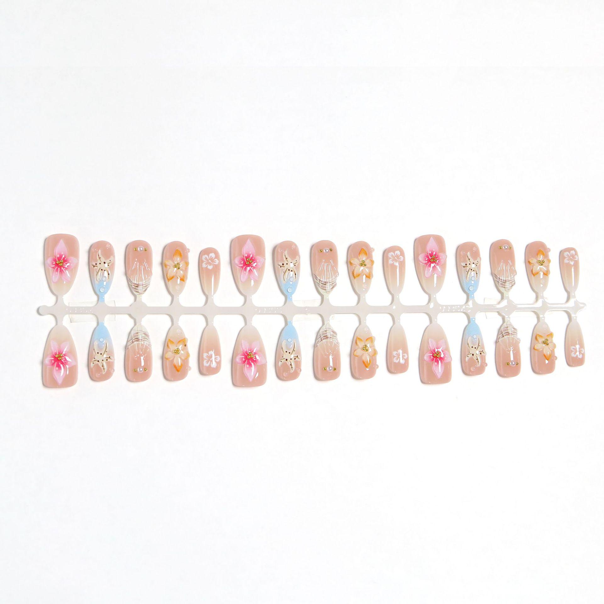 3D Flower Short Almond Beach Vacation Nails with Shell and Starfish Design