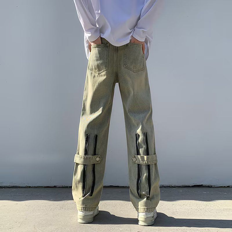 New High Street Zipper Jeans For Men In Summer Retro Handsome Pants Loose Trendy Brand Wide Leg Straight Casual Trousers For Men