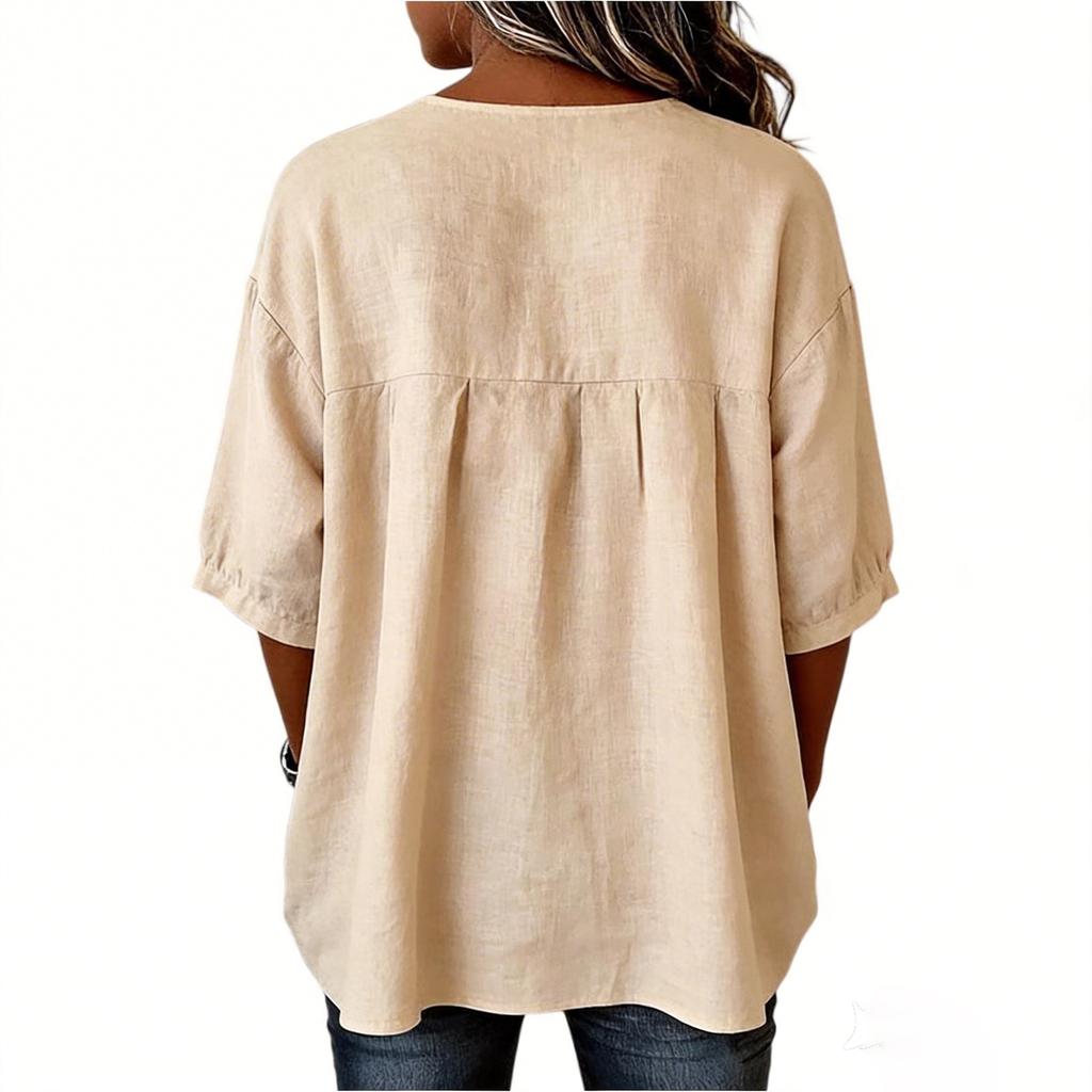 Fashionable Women's Shirt With Buttons, Round Neck, And Short Sleeves