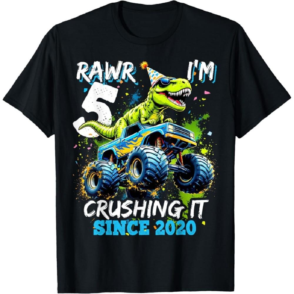 

5th Birthday Monster Truck Dinosaur Party Boys Rawr I m 5 T-Shirt S