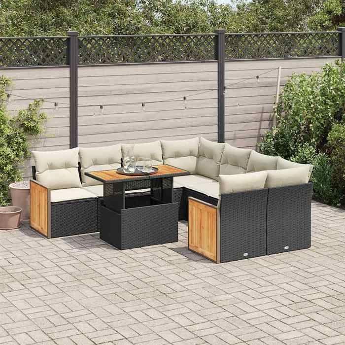 VidaXL Salon de jardin avec coussins 9 pcs noir résine tressée acacia 3327689