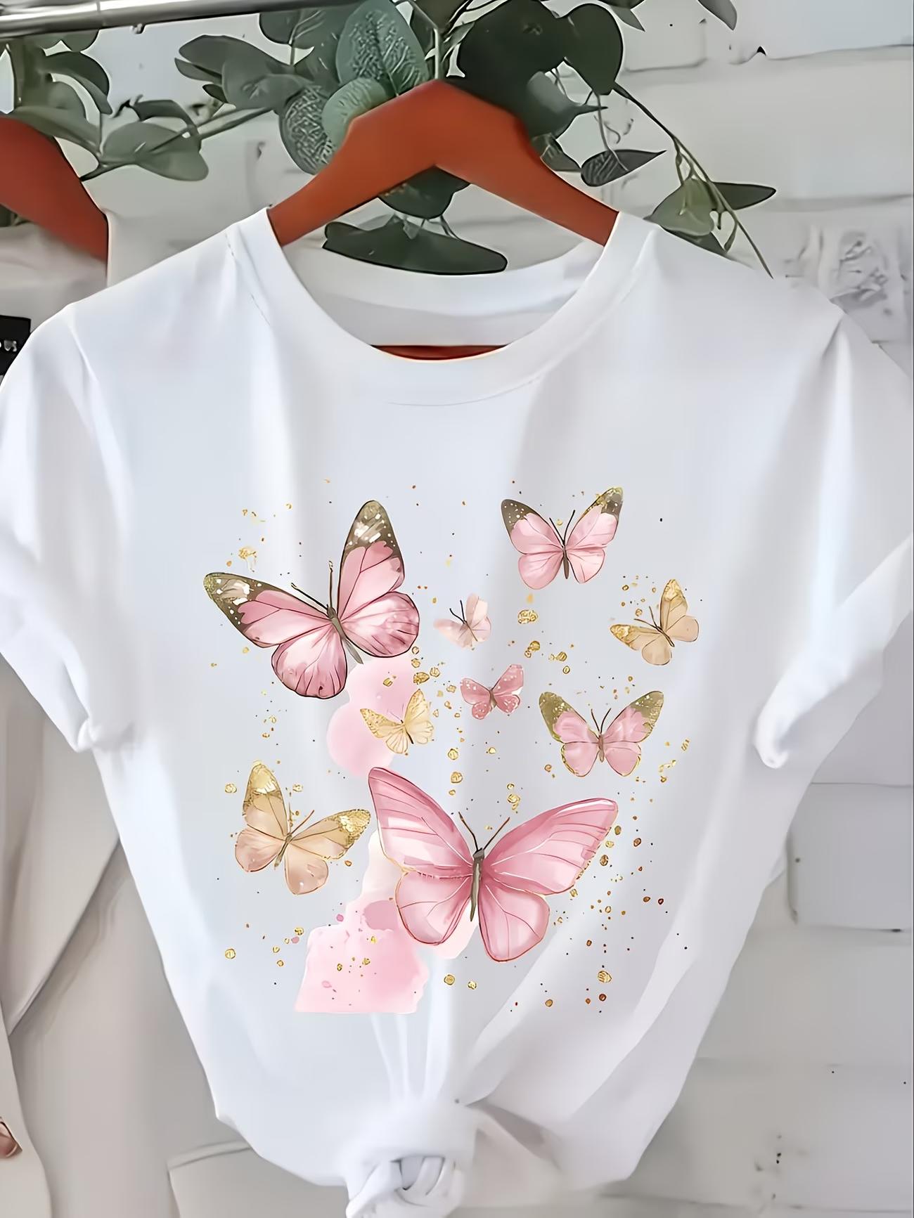 2026 Summer Bestselling Floral Butterfly Pattern Tshirt for Women Summer Cool Shortsleeved Style Harekuuku Tshirt S