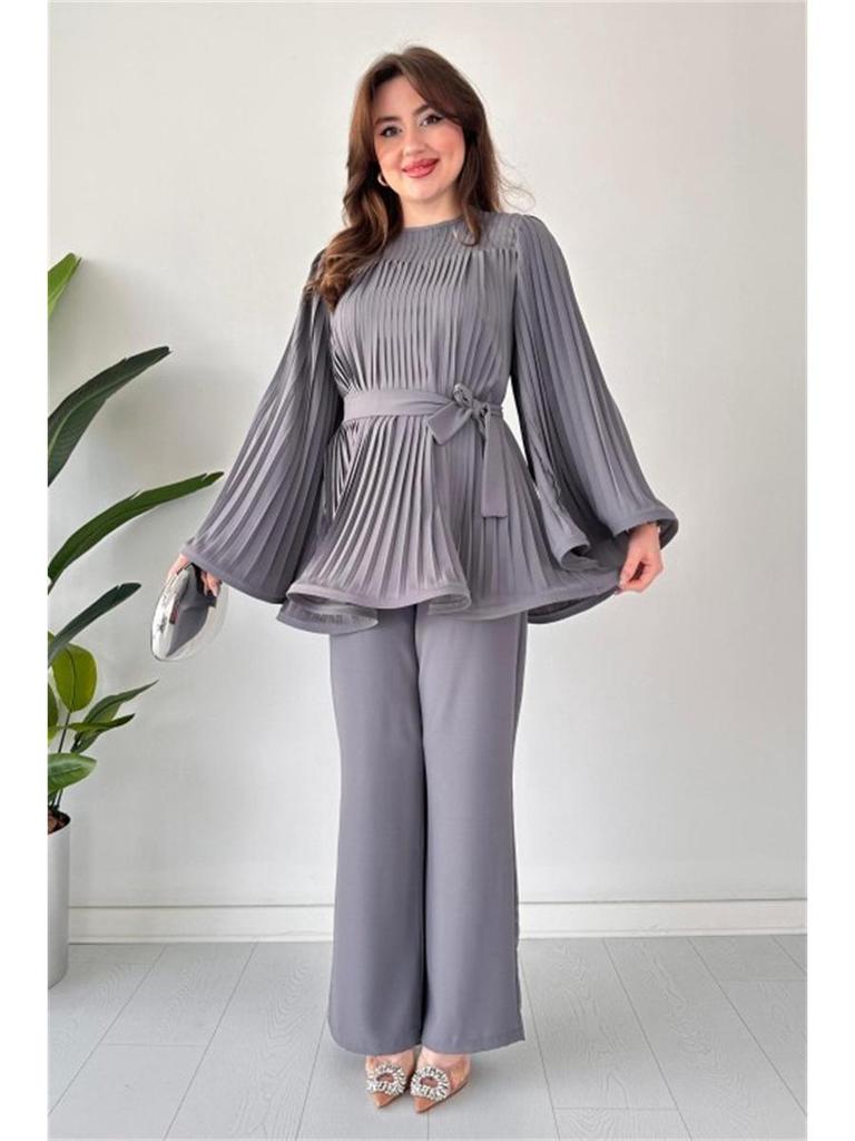 Nuovo Set Moda Donna 2024: Top Pieghettato con Lacci e Pantaloni a Gamba Larga