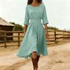 Women’s Casual Long Sleeve Crew Neck Dress with Waist Design Cotton Linen Material Relaxed Fit Midi Length for Everyday Wear