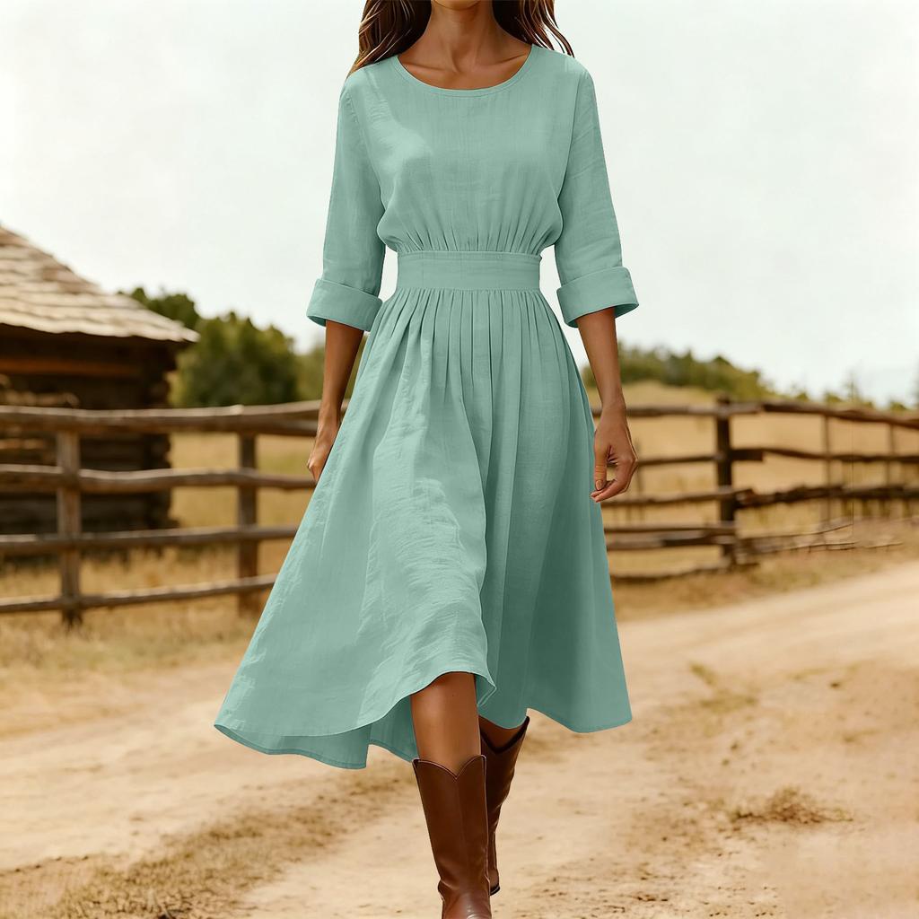 Women’s Casual Long Sleeve Crew Neck Dress with Waist Design Cotton Linen Material Relaxed Fit Midi Length for Everyday Wear
