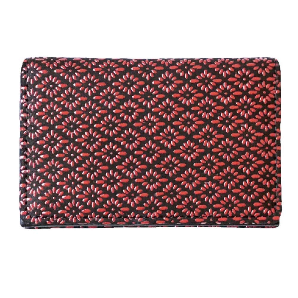 SakuraZen Inden Business Card Holder with Diamond and Chrysanthemum Japanese Made In Genuine Red Men's Crest, Design, Auspicious, Japan, Deerskin,