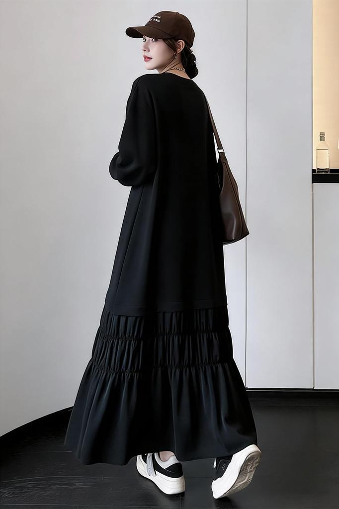 Chubikime Sweat Long Loose Ruffled Crew Maxi Plus Spring Women's Dress, Sleeve, Fit, Flattering, Hem, Neck, Length, Sizes, Relaxed, Cute, Fall,