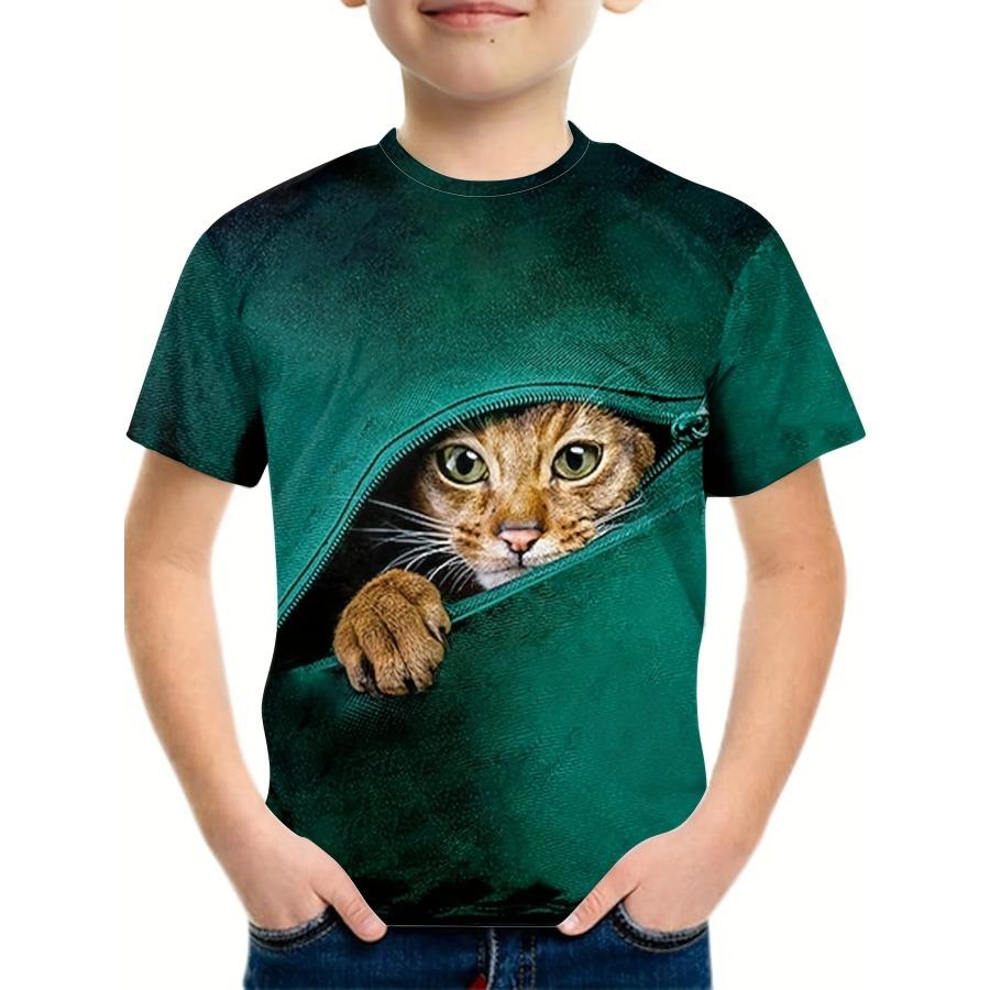 Boy's Zipper Cat Graphic Kids's T-shirt Fashion Short Sleeve Tops Boy Girl T-shirt Animal 3D Printed Summer Children's Clothing