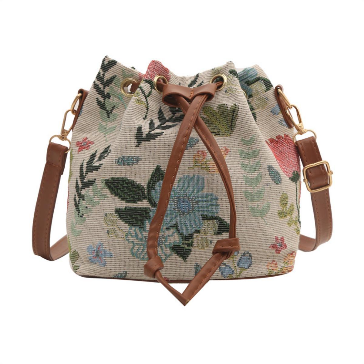 

Женская сумка-тоут большой вместимости с цветочным принтом - Сумка в богемном стиле с затягивающимся шнурком, Кошелек в этническом стиле, Застежка-молния One Size