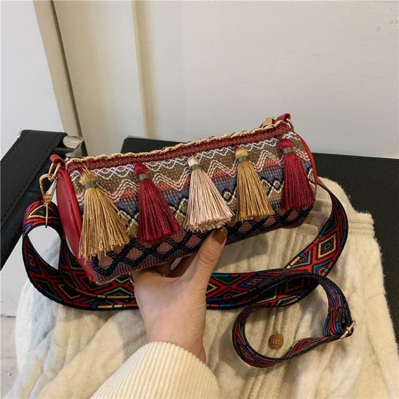 Quasten Damenhandtasche Modische Zylindrische Damenhandtasche im Ethno-Stil Umhängetasche Einzel-Schultertasche