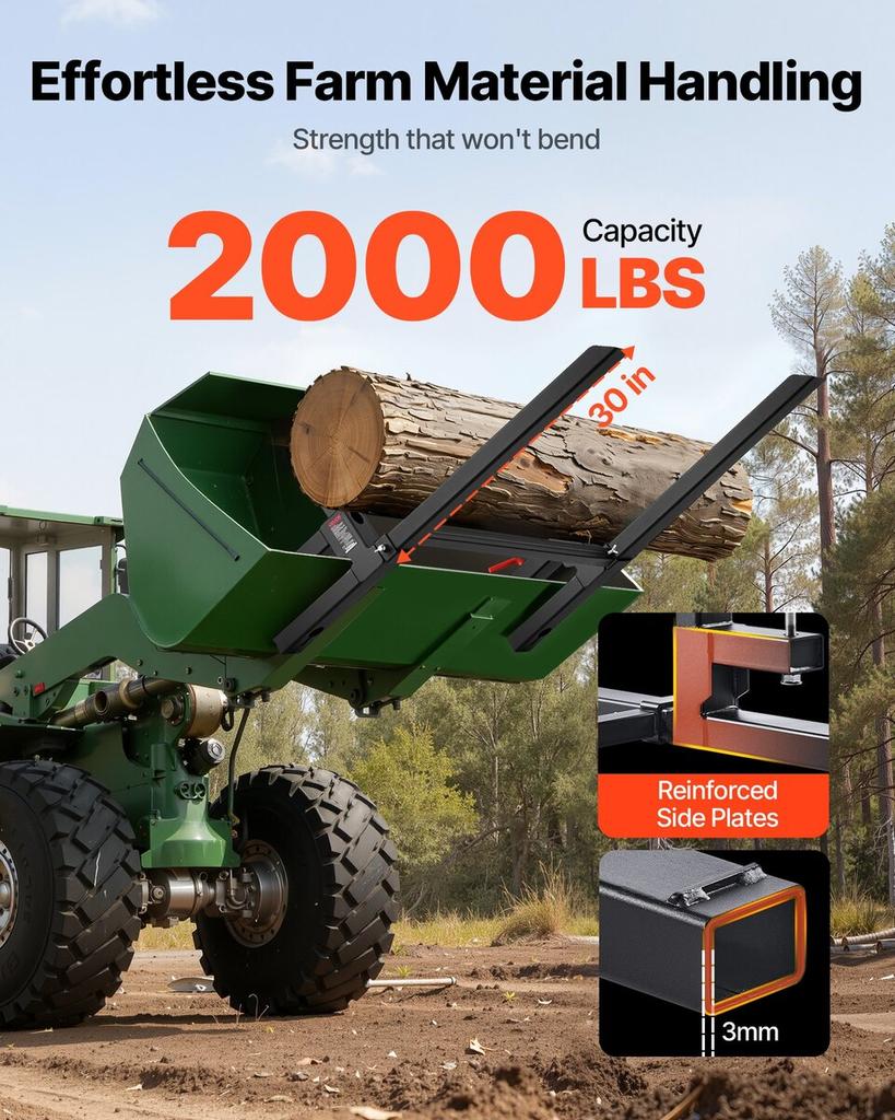 Pallet Forks, 907 Kg Clamp On Pallet Forks, 109 Cm Total Length Heavy-Duty Tractor Fork with Adjustable Stabilizer Bar for Tractor Attachments, Loader