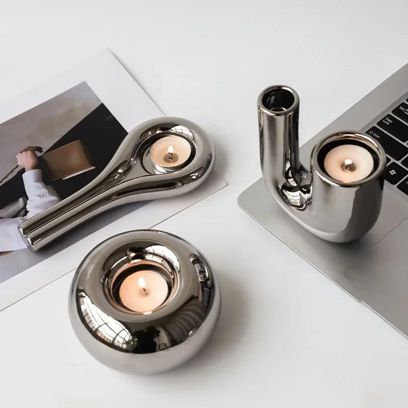 Luxury Electroplating Silver Candlestick Holder Modern Living Room Office Art Decoration Creative Ceramic Cylinder Candle Holder