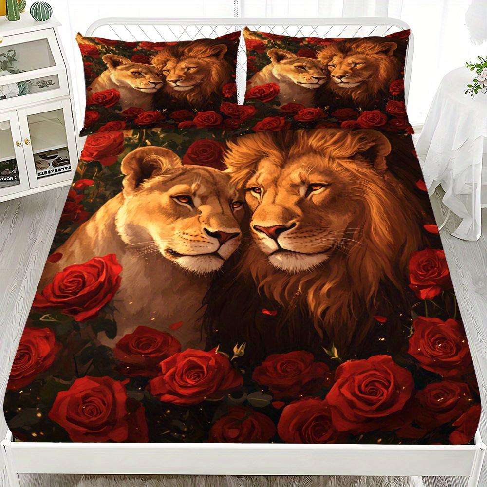

Romantic Lion & Rose Fitted Sheet Set 3pcs Red Rose Mattress Protector (1* Sheet + 2* Pillowcases, Coreless), Soft Comfort Sheet 99x190x25cm