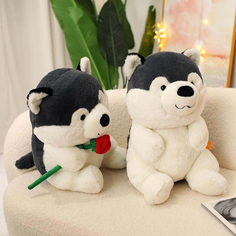 Cute Cartoon Handheld Rose Husky Plush Stuffed Toy Pillow For Room Decoration
