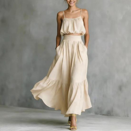 Summer 2 Piece Skirt Set for Women, Sleeveless Spaghetti Strap Top And High Waist Ruffle Skirt Vacation Travel Outfits