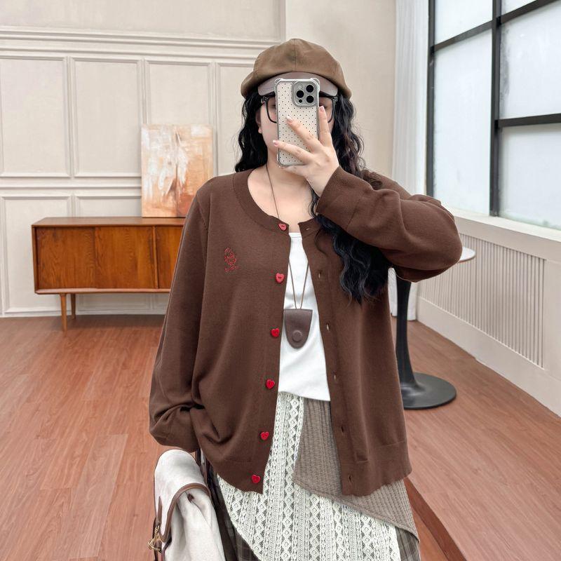 

Plus size women clothing [Maillard Knit] Autumn New Retro Embroidered Love Buttons Long sleeve Sweater Deep coffee 9xl