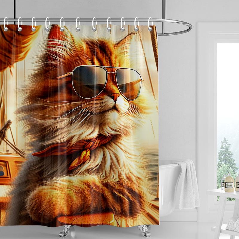 

Retro Sunglasses Cat Shower Curtain Washable Dirt-Resistant Shower Head waterproof Polyester Bath Curtain For Home Decor 90x180CM
