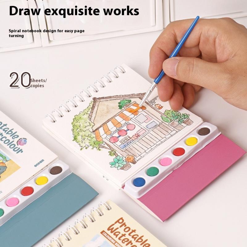 1 Set Desktop Ornament Coil Vertical Watercolor Painting Diy Watercolor Graffiti Book With Built-In Paint Coloring Picture Book
