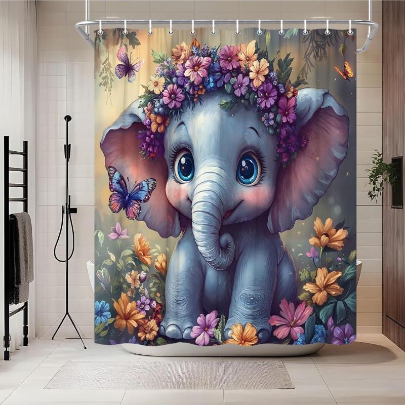 Elephant Shower Curtain Cute Forest African Wild Animal Butterfly Safari Jungle Fantasy Funny Africa Wildlife Shower Curtains 90x180CM