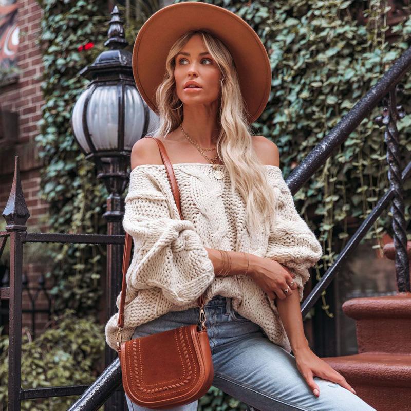 Ladies Autumn Winter Lantern Sleeve Flat Shoulder Pullover Solid Color Loose Knitted Sweater Knitwear Top