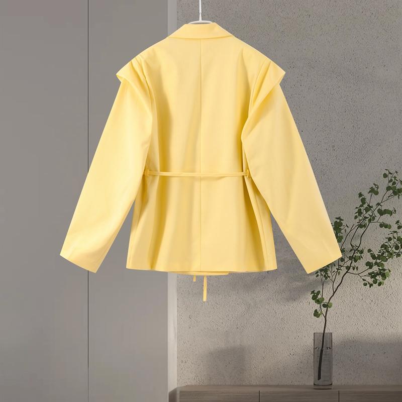 Lace Up Shoulder Pad Blazer Coat Women Elegant Turn-down Collar Long Sleeve Pockets Slim Fit Coats Chic Ladies Commute Outerwear