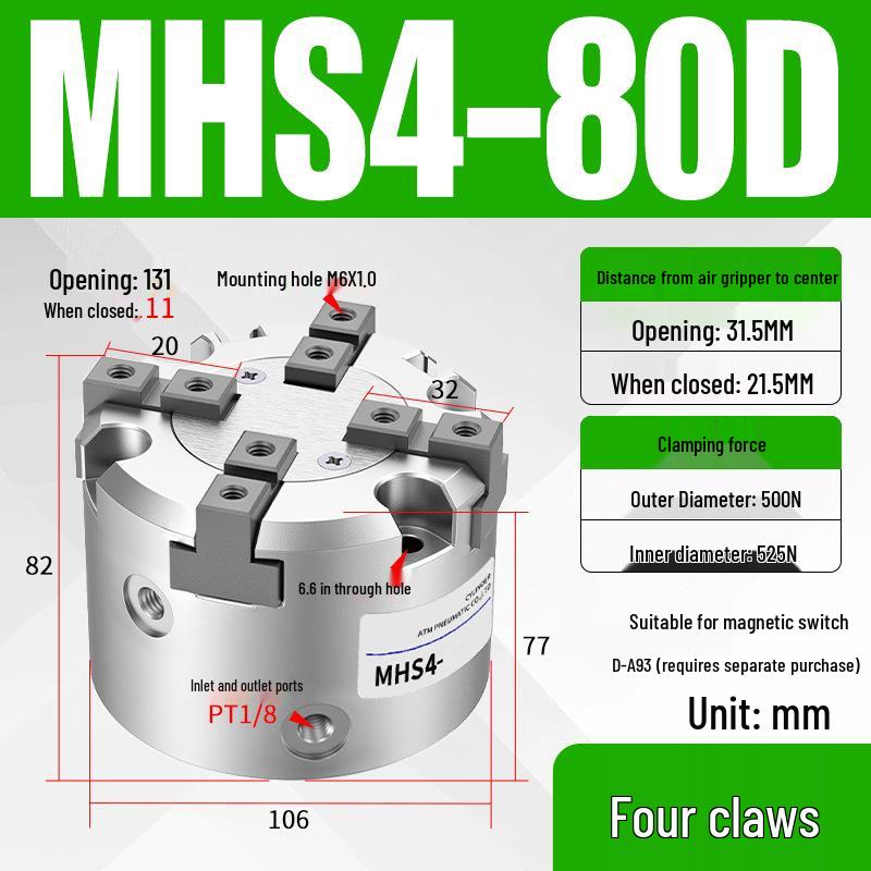 Pneumatic Gripper with Dual, Triple, and Quad Jaw Options: MHS2/3/4-16D/25D/40D/50/63D Clamping Cylinder