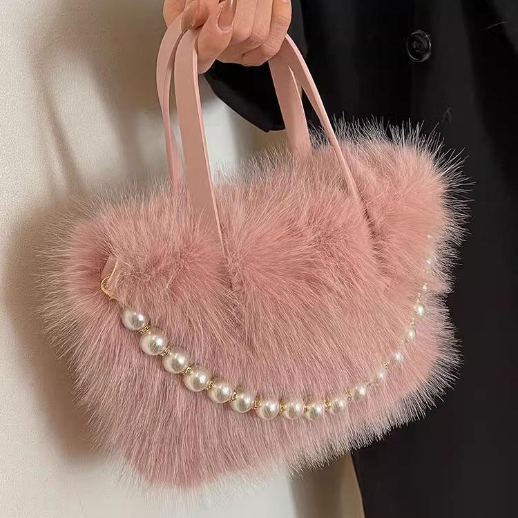 Winter New Soft Plush Portable Female Mini Handbags Fashion Versatile Pearl Small Square Women's Crossbody Bag Soft Texture Ladies Messenger Bags