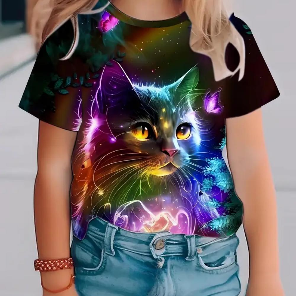 Kids Girls Clothes Print Cute Cat Graphic T Shirts Summer Fashions Casual Crew Neck Short Sleeves Streetwear T-Shirt for Girls