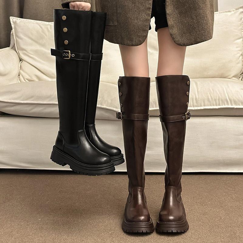 Temperament British style knee high boots two wear autumn versatile locomotive boots and boots women's platform new thick heel