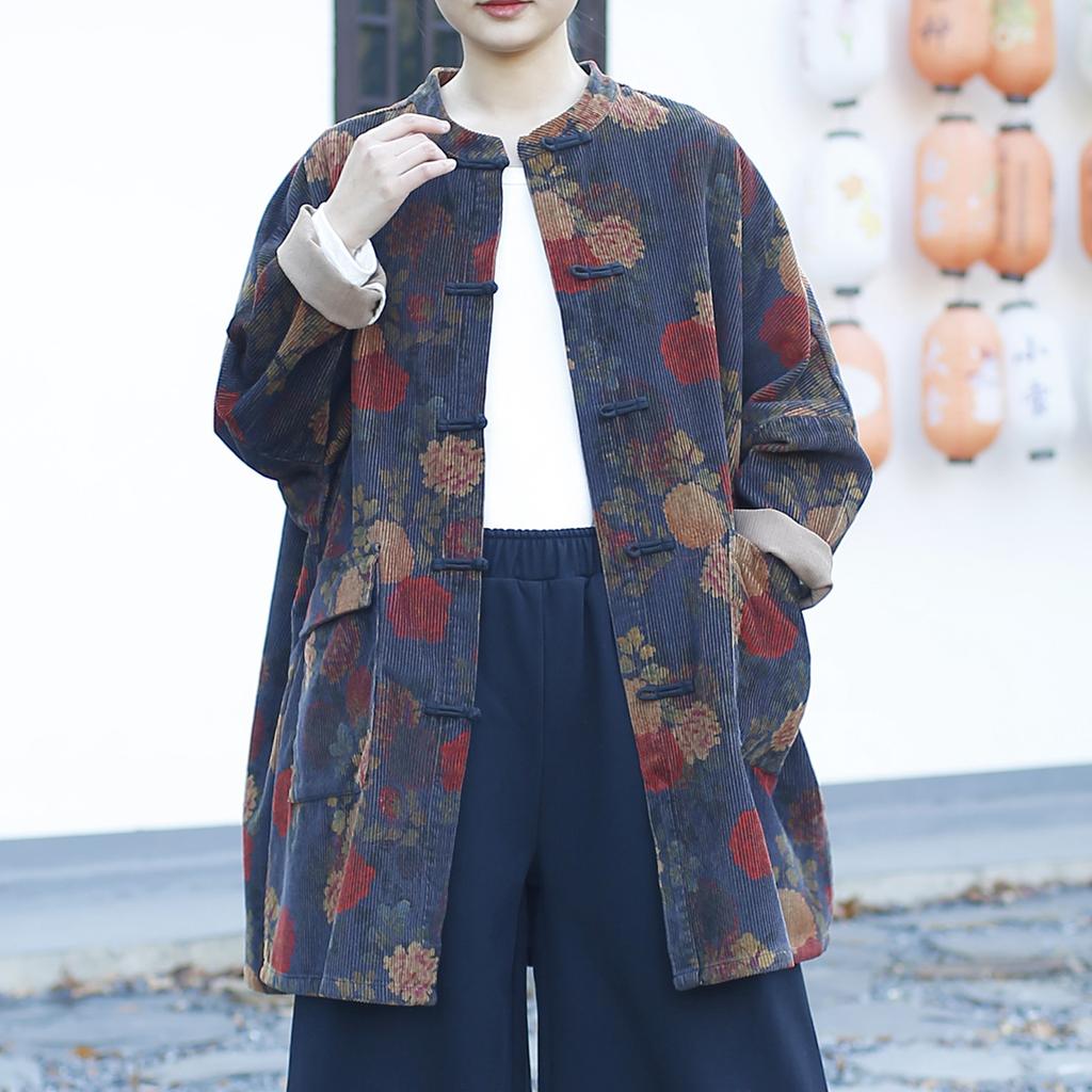 Johnature Women Vintage Corduroy Jackets Print Floral Long Sleeve Coats Spring Button Pockets Chinese Style Jackets