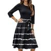 Women's Fashion Casual Waistband Seven Sleeve Round Neck Striped Flowy Dresses