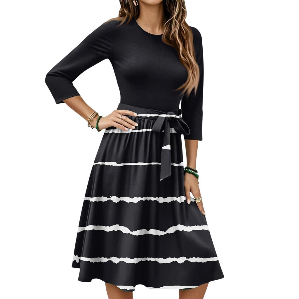 Women's Fashion Casual Waistband Seven Sleeve Round Neck Striped Flowy Dresses