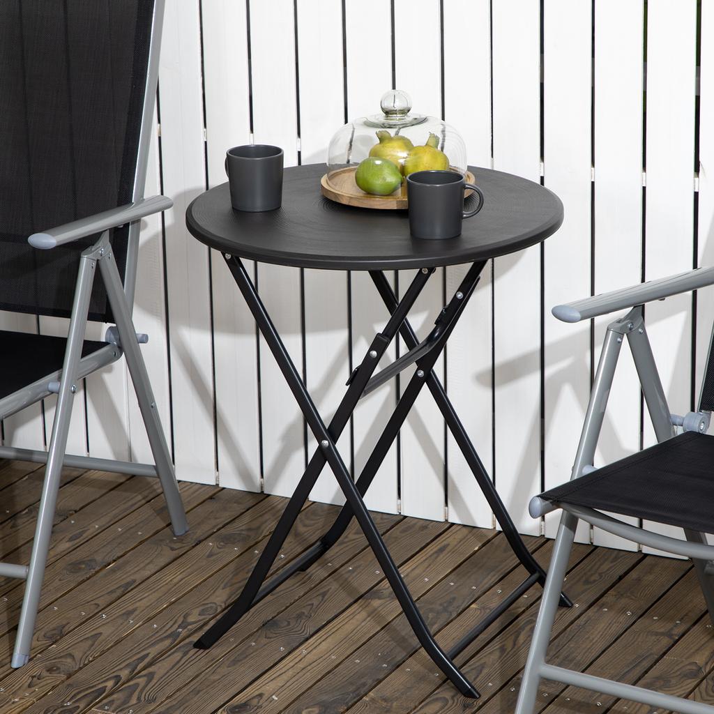 Garden table, Round, Foldable, For 2 people, Wood look, Steel+Plastic. Dark gray, 60 x 60 x 73 cm
