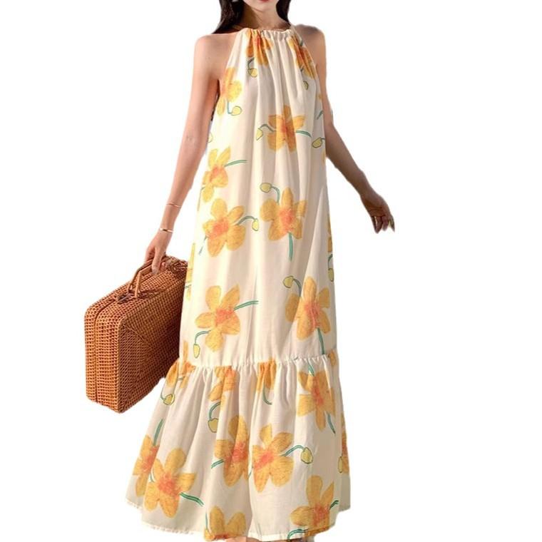 Dopamine Vacation Print Dress Loose Sleeveless Straps Summer Suspender Neck Dress