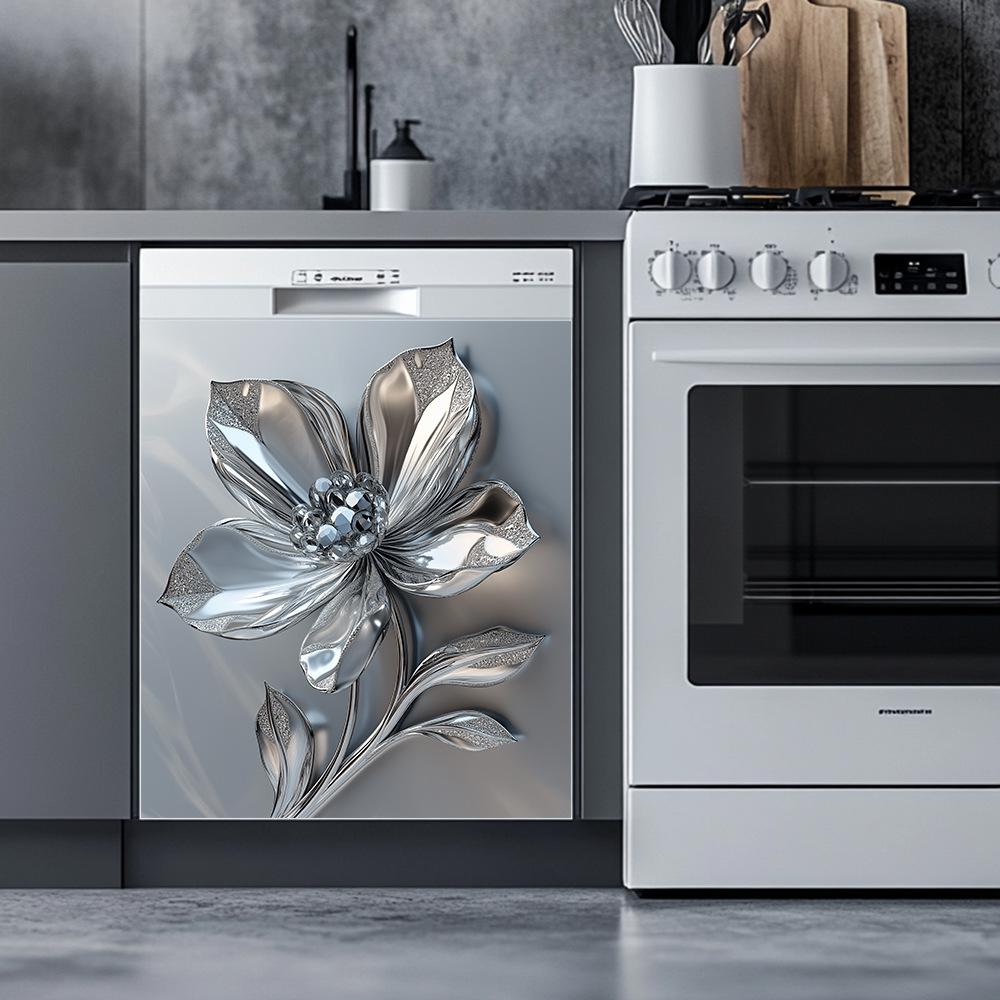 Decalque de Parede Metálico Elegante de Flores para Eletrodomésticos de Cozinha - Autoadesivo e Removível