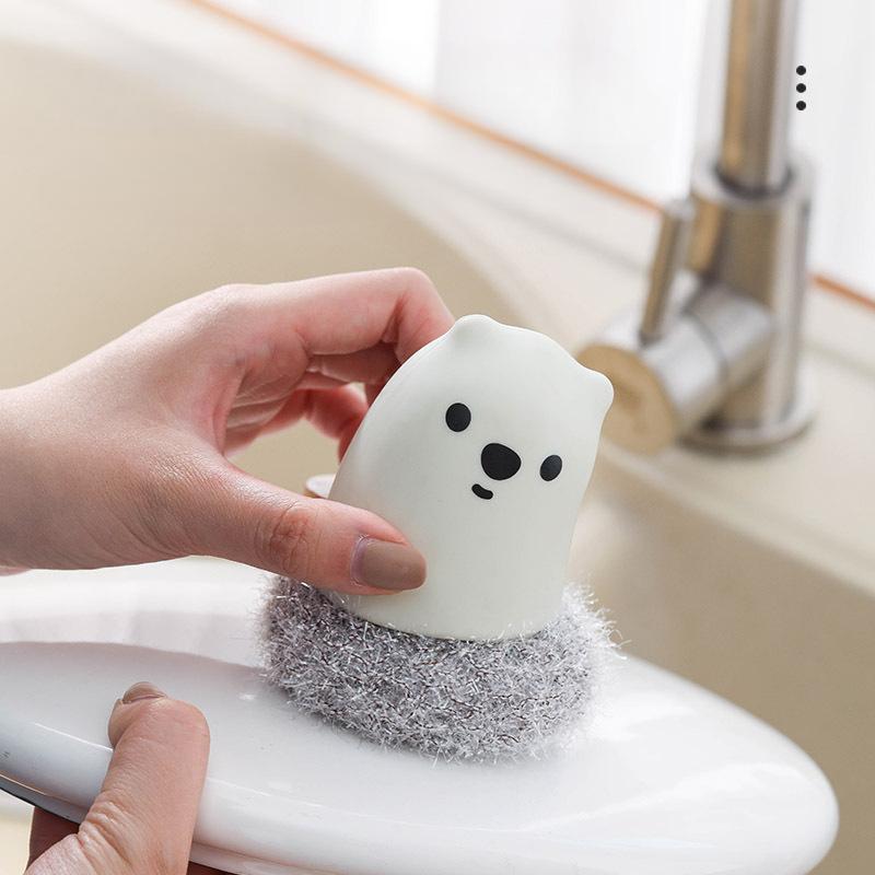 New Model, Cartoon Teddy Bear Pot Brush with Handle, Cleaning Brush, Kitchen Dishwashing Brush, Household Use, No Shedding Dishwashing Brush