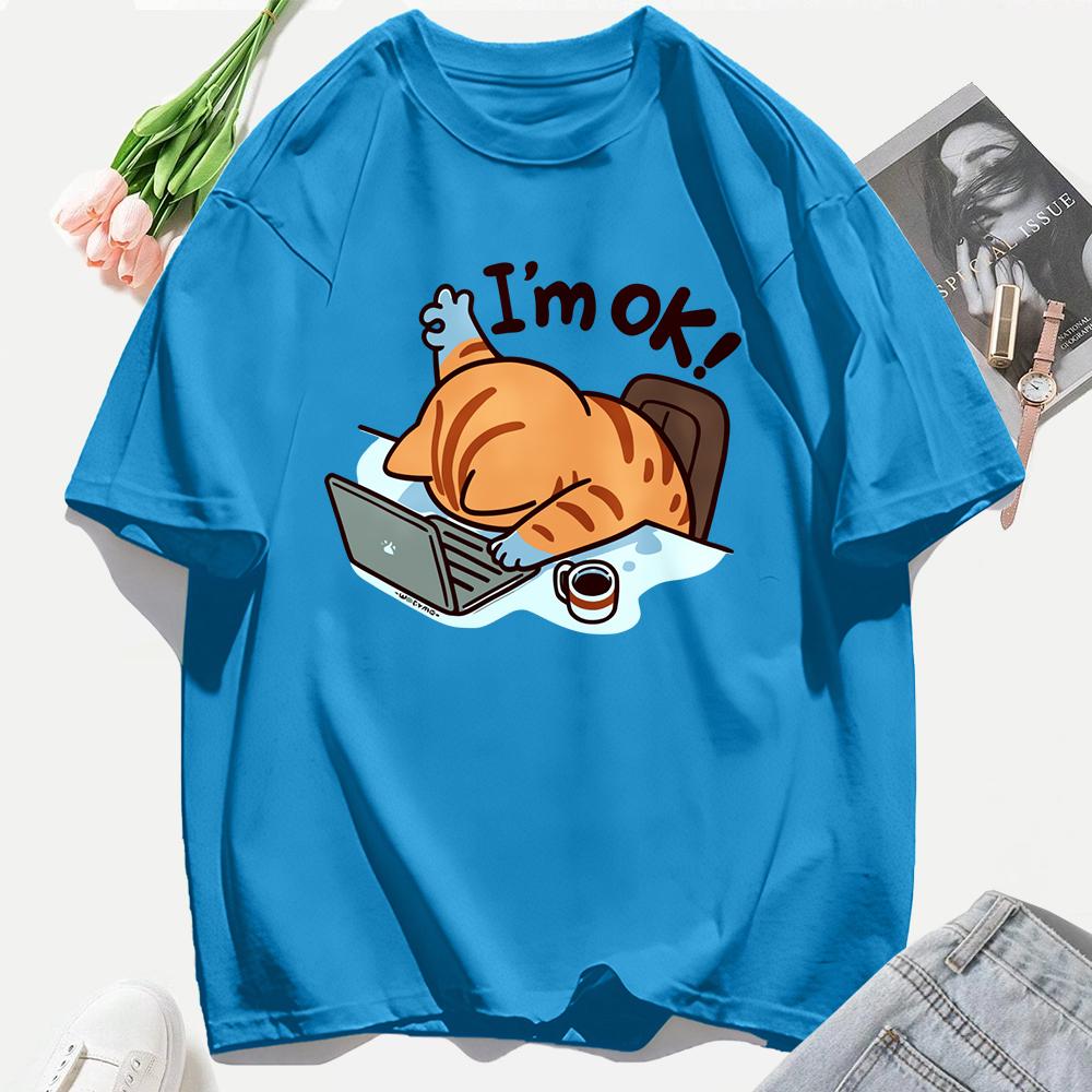 A Cat That Persists In Work Print Women T Shirts Casual Hip Hop Tees Tops Multicolor Cotton Sportswear Loose Short Sleeve Female