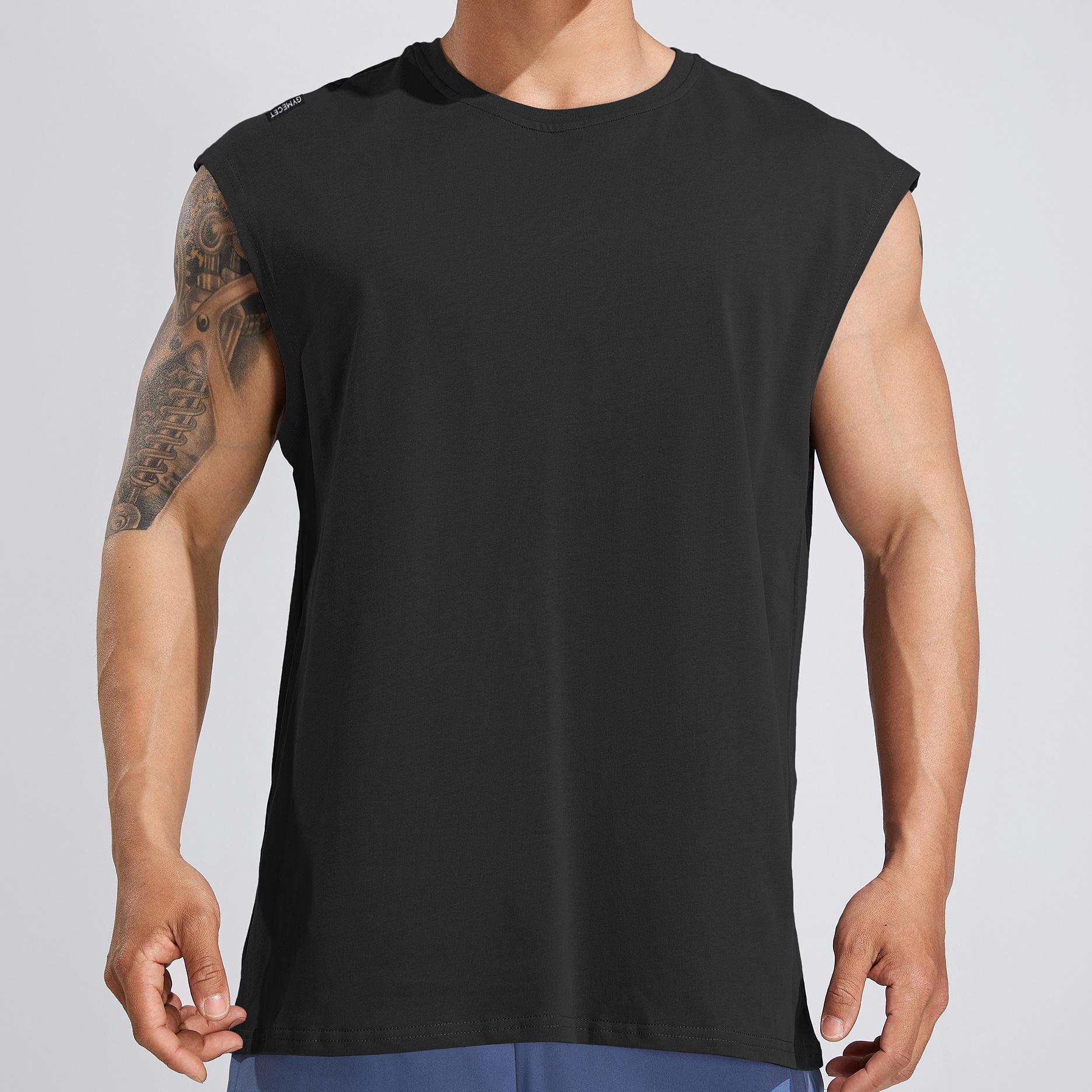 

Мужской летний хлопковый фитнес-топ с широкими плечами, повседневная спортивная рубашка без рукавов для бега M чёрный