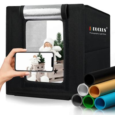 DUCLUS 25cm Folding Photo Booth Light Box, Easy-to-Use Photo Studio Kit with 104 Dimmable LED Lights and 6 Color Backdrops for Product Photography