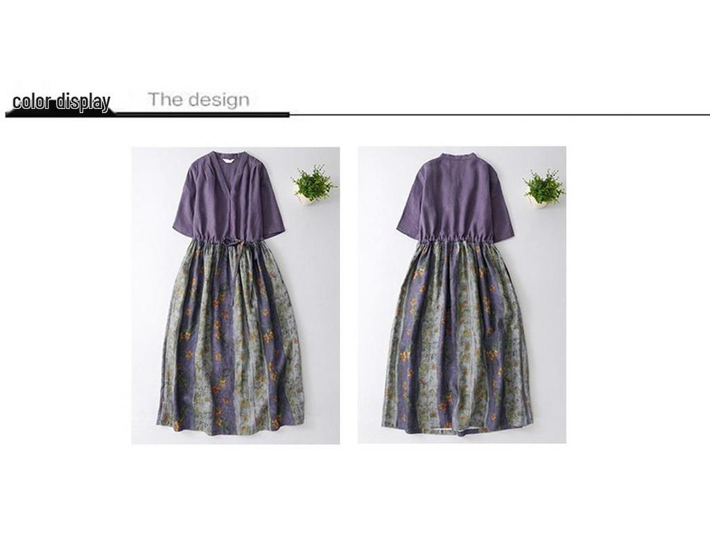 2026 Summer Retro Ethnic Printed Color Block Artistic Travel Loose Slimming Mid-Length Dress for Women