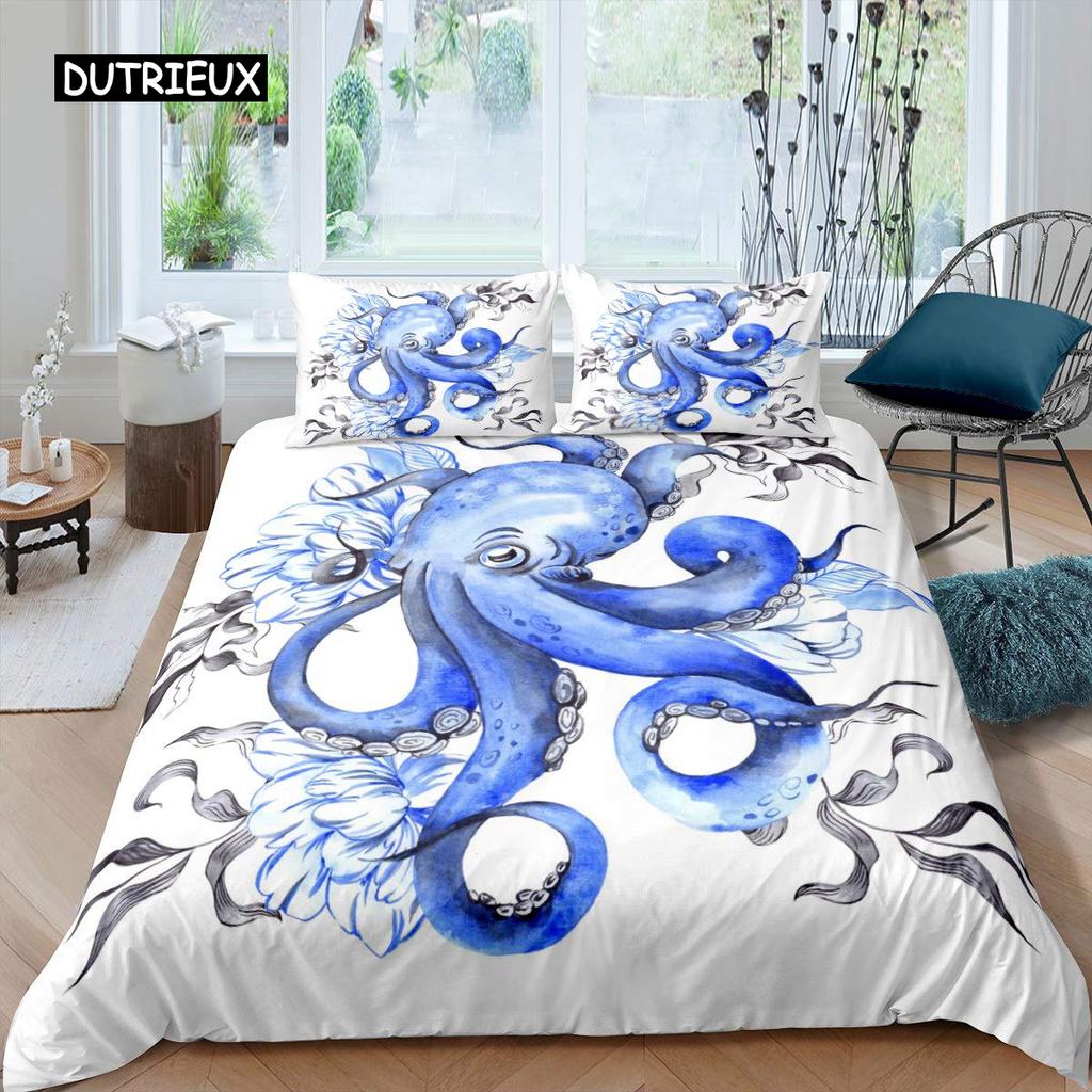 Octopus Duvet Cover Set Microfiber Green Octopus Tentacles Twin Bedding Set Sea Marine Theme Underwater Animal Comforter Cover