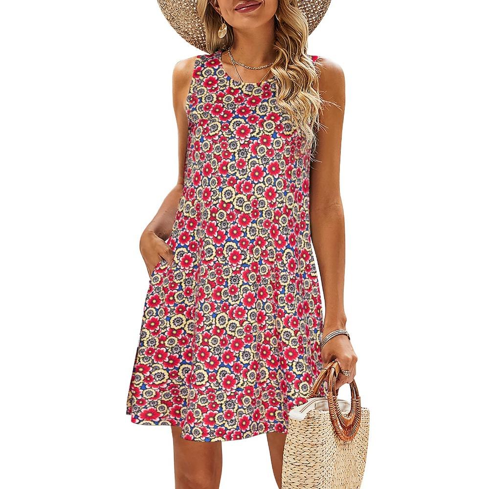 Summer Women's Beach Dress Bohemian Style Sleeveless Fresh Floral T-shirt, Vest And Vest Dress Elegant Short Dress