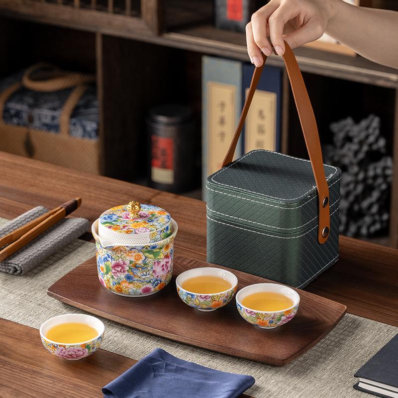 High-end Kung Fu travel tea set Portable set Enamel color tea set Household business souvenir Light luxury court style